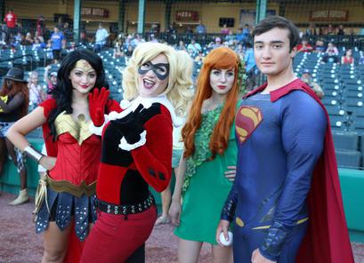 Wonder Woman Harley Quinn Poison Ivy and Superman at Constellation Field with The Skeeters Baseball Game